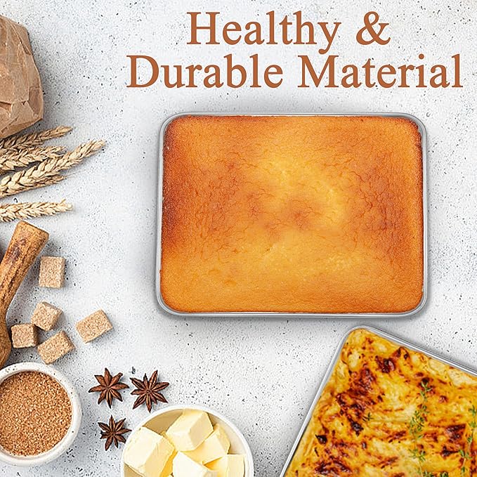 LIANYU Baking Pan Set of 2, 12⅓ x 9¾ x 2 Inch Cake Lasagna Brownies Casseroles Pan, Rectangle Stainless Steel Bakeware Set for Baking Roasting Toaster Oven, Dishwasher Safe