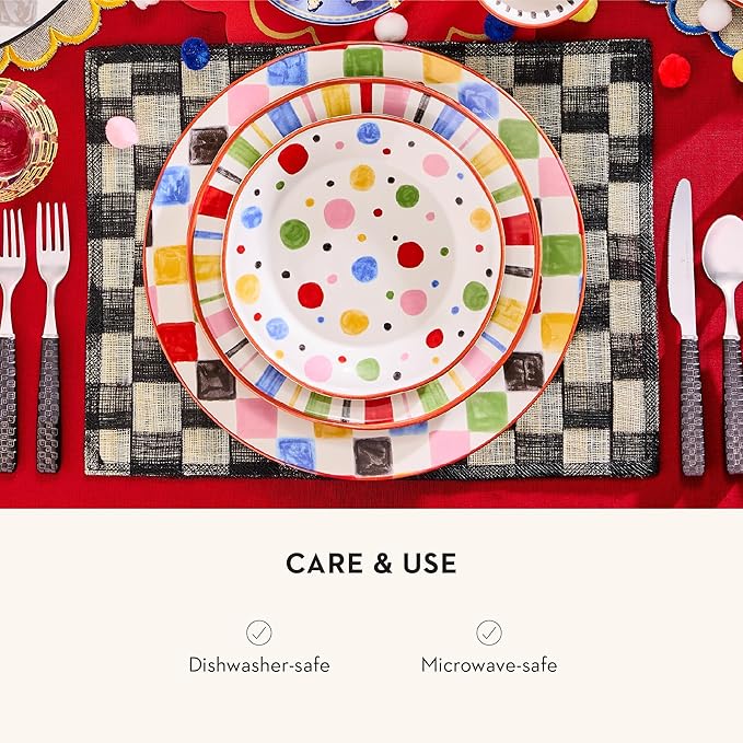 MACKENZIE-CHILDS Round Platter, Dishwasher-Safe and Microwave-Safe Stoneware Serving Platter, Multi Check