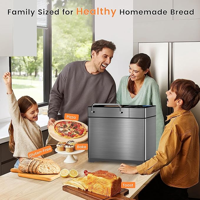 KBS 17-in-1 Bread Maker-Dual Heaters, 710W Machine Stainless Steel with Gluten-Free, Dough Maker,Jam,Yogurt PROG, Auto Nut Dispenser,Ceramic Pan& Touch Panel, 3 Loaf Sizes 3 Crust Colors,Recipes