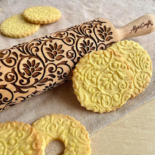 FLOWERING VINE Embossing Rolling Pin. Laser Engraved Dough Roller with Climbing Flowers Pattern for Embossed Cookies or Pottery by Algis Crafts