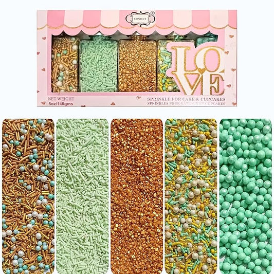 Confect Edible Sprinkles Mix Pack of 5 – Cool Summer Breeze Theme – Yellow Pearl Dragees, Mint Green & Gold Jimmies, Sparkling Gold Sugar – Cake & Cupcake Decorating Toppings - Vegan, Gluten-Free, Nut-Free, Soy-Free, Dairy-Free, Palm Oil-Free- 5 Oz
