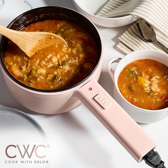 COOK WITH COLOR Electric Hot Pot, 1.6L Mini Cooker, 700W Power, Non-Stick Surface, Thermal Cut-Out Protection, Perfect for Rice, Noodles, Soups, Stews, Dorms, Apartments, and Small Kitchens, Blush
