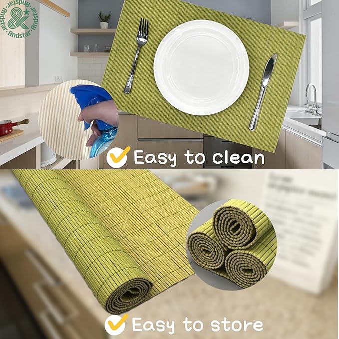 ANDSTAR Set of 8 Pcs Bamboo Placemats Sushi Rolling Mat Japanese Style Natural Anti-Slip Bamboo Placemats Washable Heat-Resistant Table Mats for Dining Room and Kitchen（Green）