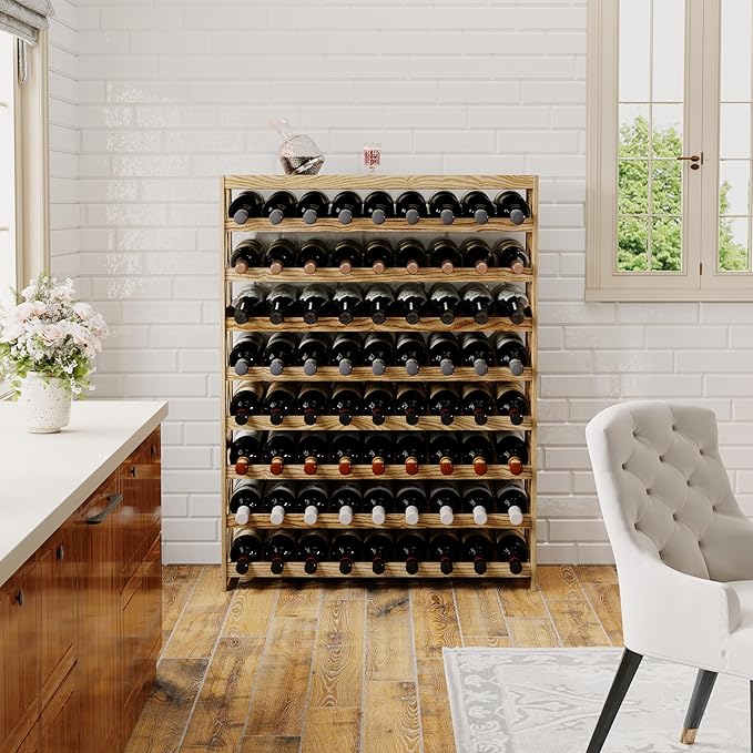 Solid Wood Wine Storage Racks with Tabletop, Free Standing Floor Wooden Wine Rack, Premium Wine Storage Rack Display and Organizing for Kitchen and Cellar 8 Tier 72 Bottles