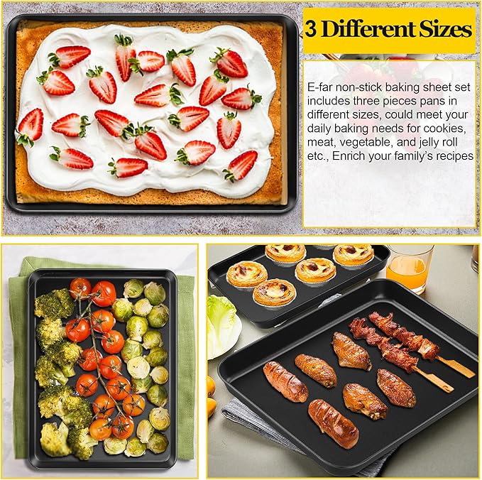 E-far Cookie Baking Sheet Set of 3, Nonstick Metal Sheets Pans Jellyroll Trays for Oven, Large/Medium/Small (16/12.4/10.4”) No-toxic Rectangle Bakeware for Baking Cake Bread, Easy Clean