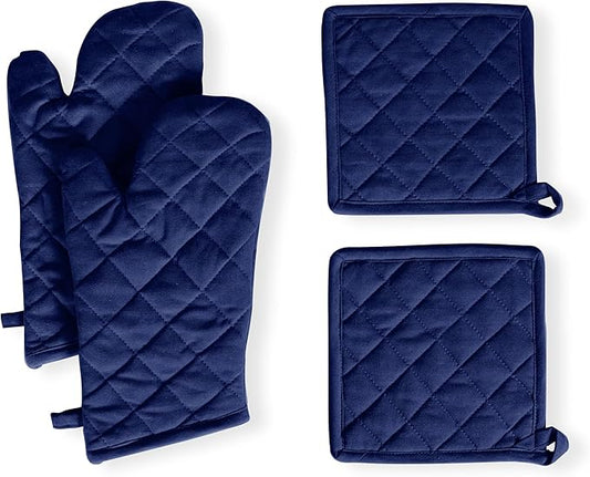 Native Fab 4 Piece Set - 2 Oven Mitts & 2 Potholders, Heat Resistant, 100% Cotton, Quilted Design, Non-Slip Grip, Machine Washable, Ideal for Baking, Cooking, BBQ, Kitchen Protection - Ink Blue