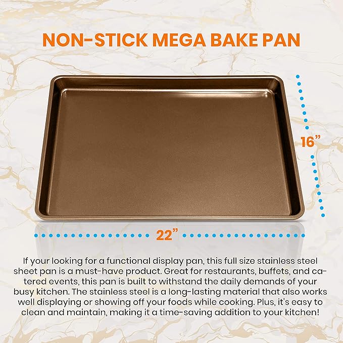 NutriChef Nonstick XL Cookie Sheet Baking Pan - Extra Large 22" x 16" Carbon Steel Oven Baking Sheet for Pastries, Desserts, & More - Dishwasher Safe, Gold