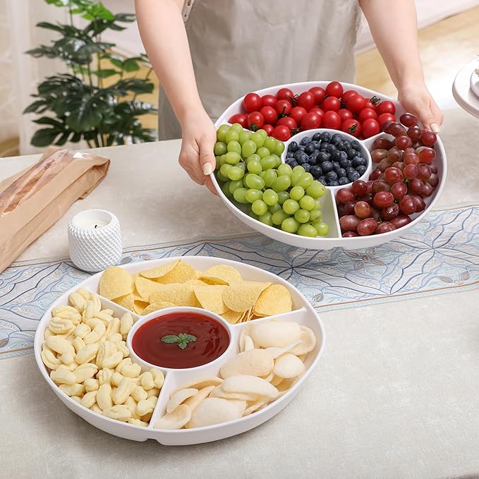 White Chip and Dip Serving Set, Divided Serving Platter Set, 4 Section Appetizers and Cheeses Serving Tray, Compartment Dishes for Party, Christmas, Dessert, Fruit, Candy, 13-inch, Set of 2