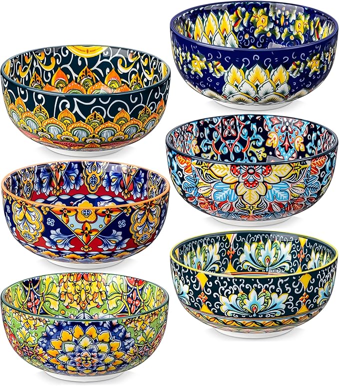 vancasso Cereal Bowls Set of 6, Bohemian Ceramic Soup Bowls, 28 oz Colorful Bowls Set for Kitchen, Dishwasher & Microwave Safe for Salad, Pasta, Rice, Oatmeal, Fruit