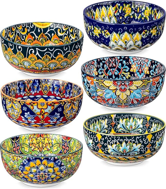 vancasso Cereal Bowls Set of 6, Bohemian Ceramic Soup Bowls, 28 oz Colorful Bowls Set for Kitchen, Dishwasher & Microwave Safe for Salad, Pasta, Rice, Oatmeal, Fruit