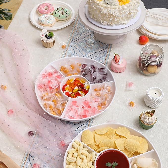 White Chip and Dip Serving Set, Divided Serving Platter Set, 4 Section Appetizers and Cheeses Serving Tray, Compartment Dishes for Party, Christmas, Dessert, Fruit, Candy, 13-inch, Set of 2
