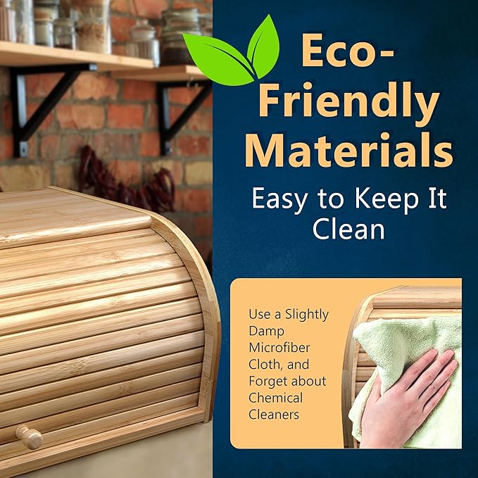 Bamboo Bread Box Space Saving Rustic Roll-Top Bread Bin for Countertop - Store Bread Cake and Baked Goods - 15 x 9.8 inches (Sliding door)