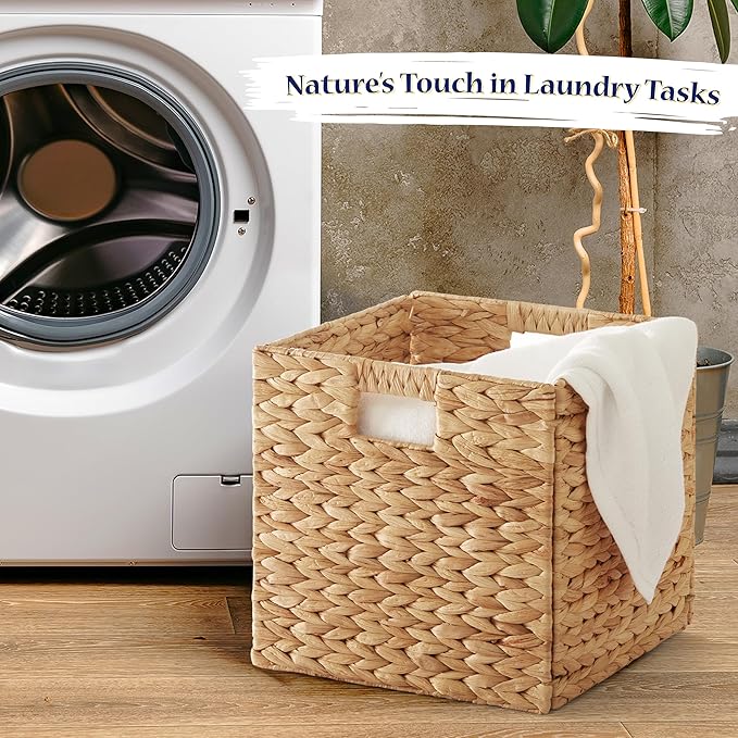 BLUEWEST Water Hyacinth Storage Basket (Set of 4) Woven Hyacinth Storage Basket, Laundry Water Hyacinth Bin for Organizing with Carrying Handles, Rattan for Shelves