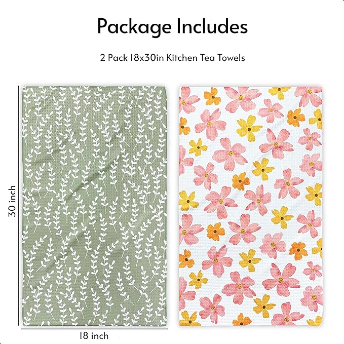Kitchen Towels, 18" x 30" Tea Towels for Kitchen, Premium Microfiber Dish Towels for Kitchen Drying, Blush Garden Series, 2-Pack