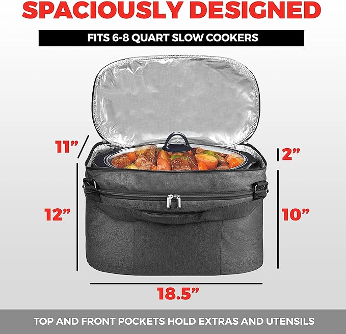 Slow Cooker Bag Slow Cooker Carrier Travel Bag for 6-8 Quart Pots Locking Travel Bag with Secure Zip & Accessory Pocket Insulated Carrier, Pot Holder Carrying Bags with Easy to Clean Inner Lining