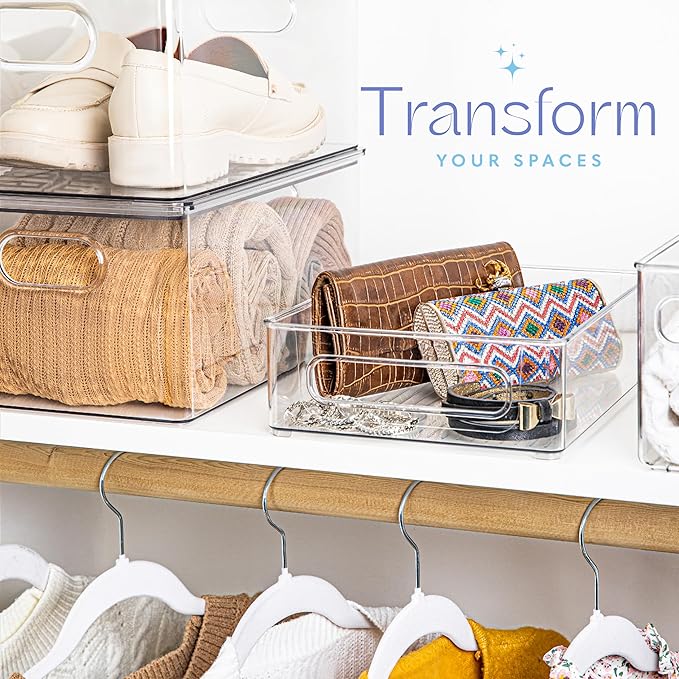 Plastic Food Storage 6 Pack Clear Container Bin with Handles for Organizing Kitchen, Pantry, Refrigerator, Freezer, Pantry, Cabinet, Closet, Bathroom. Stackable 10”x8”x3”