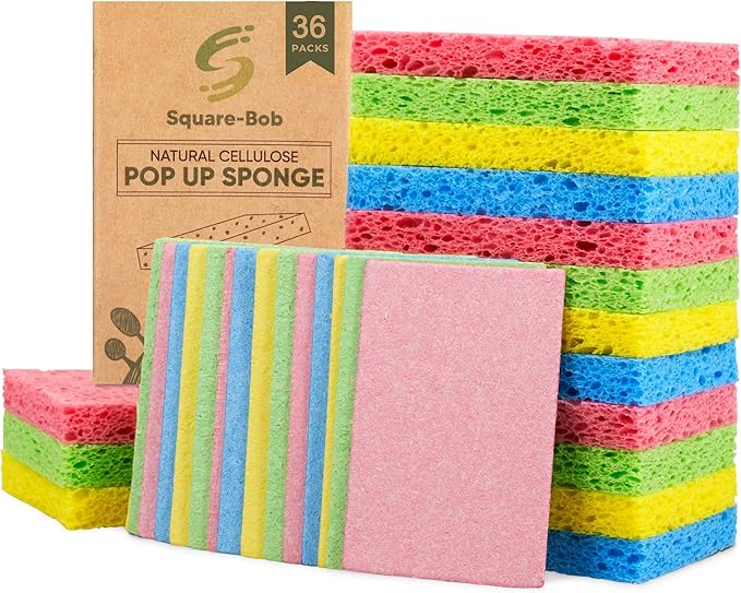 36 Pack Compressed Non-Scratch Kitchen Sponges - Highly Absorbent for Dishes, Countertop, Sink, Car - Biodegradable, Quick Drying Cellulose Sponges - Assorted Colors