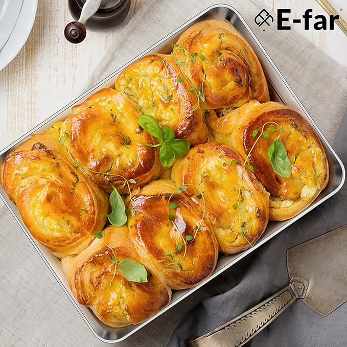 E-far Small Baking Sheet Set of 2, 10.5”x8.3” Stainless Steel Cookie Sheets Pans, Compact Non-toxic Metal Toaster Oven Trays for Cake, Healthy & Rust Free, Mirror Finish & Dishwasher Safe