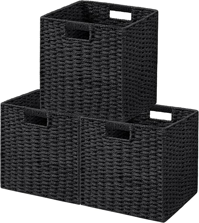 UBBCARE 3 Pack Wicker Basket, 11L×11H×10.5W inch Woven Paper Rope Storage Baskets for shelves, Foldable Cube Storage bin with Handle, Storage Basket for Organizing & Decor, Black