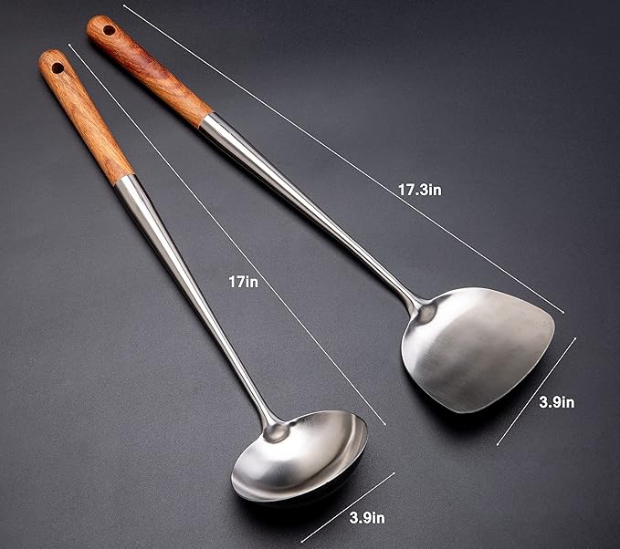 FJNATINH Wok Spatula and Ladle Tool Set, 17inches Spatula for Wok, 304 Stainless Steel Spatula Soup Ladle