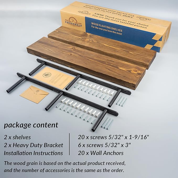 Distressed Floating Shelves 36 inch Long Set of 2,8 inch deep Solid Wood Wall Mounted Shelves for Living Room Kitchen,Book Shelf for Wall with Hidden Bracket- Distressed Black Walnut