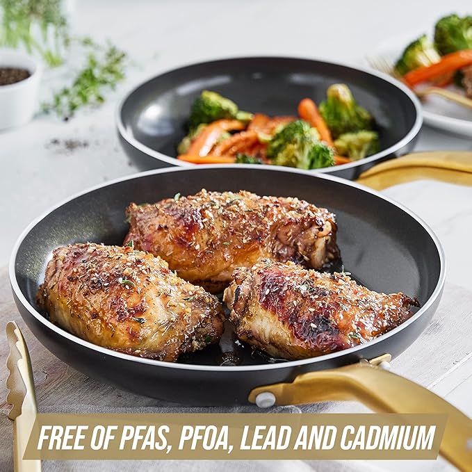 Blue Diamond Gold 10 Piece Cookware Pots and Pans Set, Induction Suitable, Diamond Infused PFAS-Free Ceramic Nonstick, Durable, Metal Utensil Safe, Dishwasher Safe, Gold Handle, Black