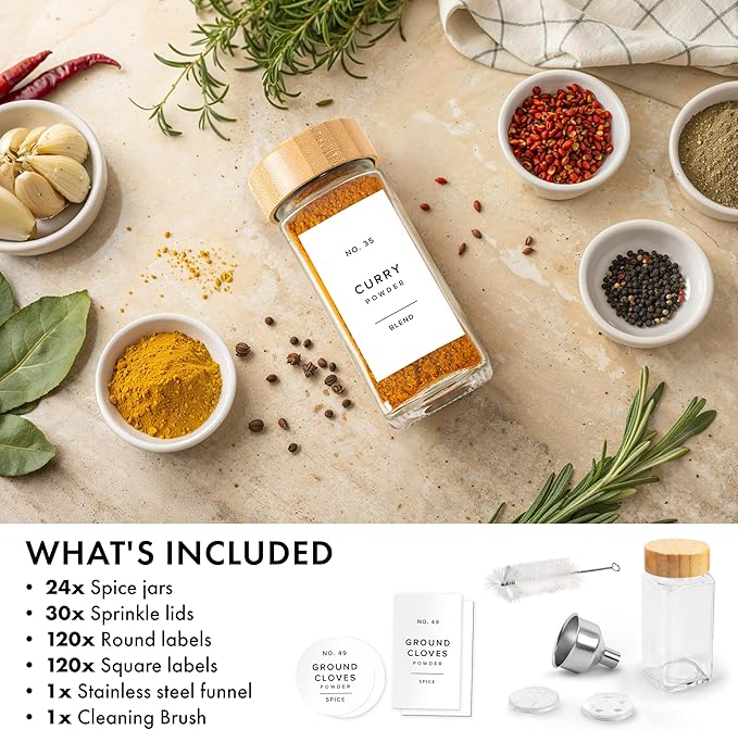 Square Spice Jars with Bamboo Wooden Lid (Pack of 24) Spice Jars with Shaker Insert and 240 Labels - Bamboo Lid Glass Container for Spice Organisation [4.3 in × 1.8 in]