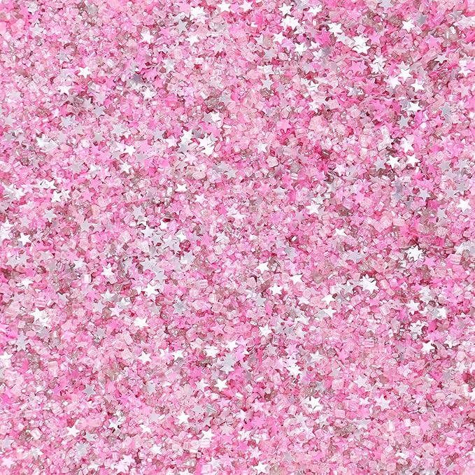 Sanding Sugar Edible Silver Glitter Stars Mix, Edible Pink Sugar Sprinkles for Cake Decorating, Sparkling Edible Pink Sanding Sugar for Cupcake Toppers Cookie Decorations For Wedding Party Celebrations 3.5oz (Pink)