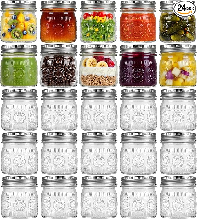 8 oz Mason Jars with Regular Airtight Lids - 24 Pack Small Mason Jars for Jam, Honey, Baby Foods, Overnight Oats, Spices, Herbs, Salads, Candles, Dessert, Party Favors, Half Pint Size Canning Jar