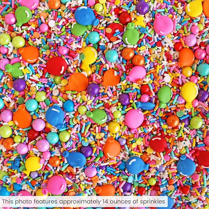 Sprinkle Pop Rainbow Birthday Sprinkle Mix| Red Orange Yellow Iridescent Rainbow Sprinkles with ~6 Royal Icing Balloons| Decorating Sprinkles Made in USA for Girl Boy Cakes Cookie Cupcake Donut, 2oz
