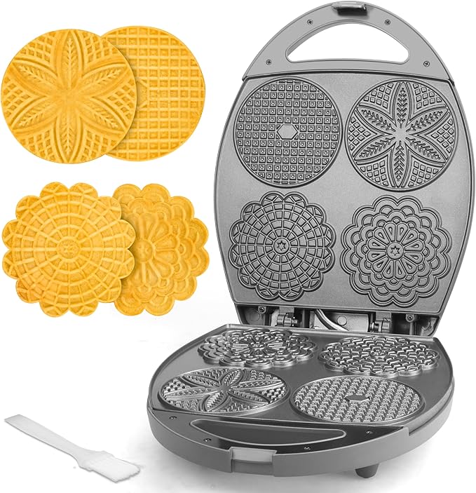 Baker's Friend Multi Pizzelle Maker Electric, Stroopwafel Iron, 4 x 4.5'' Pizzelle Waffle Cookies Maker with Temperature Control, Ideal for Holidays, Parties & More, Great Choice for Gift, Graphite