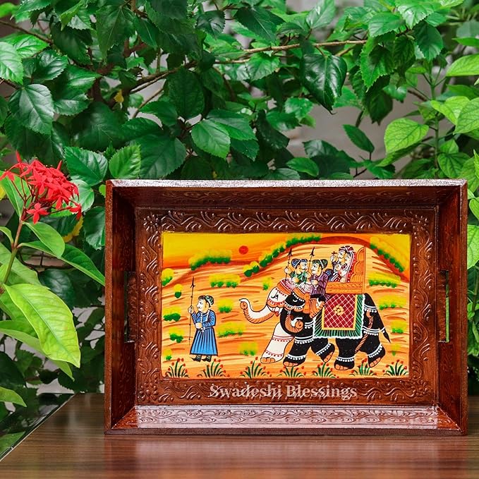 Swadeshi Blessings Wooden Serving Tray Set- Handcrafted & Hand-Painted for Kitchen/Table & Home Decor/Dinning/Gifts/Restaurants/Living Room/Coffee Table (Set of 3 Trays) (Brown)