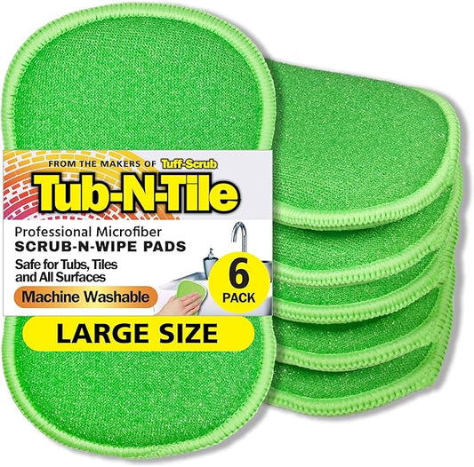 Tub-N-Tile by Tuff-Scrub, Large, 6-Pack, Microfiber, Scrub-N-Wipe Pad, Multi-Surface, Non-Scratch, Dual-Sided, Scrubber for Tubs, Tiles, Sinks – Machine Washable, Durable Kitchen Sponge