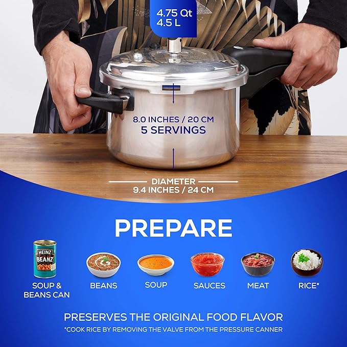 Universal (4.75 Quart / 4.5 Liter) Anti-Rust Ultra Pressure Cooker, Aluminum Pressure Cooker for 5 Servings, Even Heat Distribution, Diameter 9.4 inches, Height 8 inches