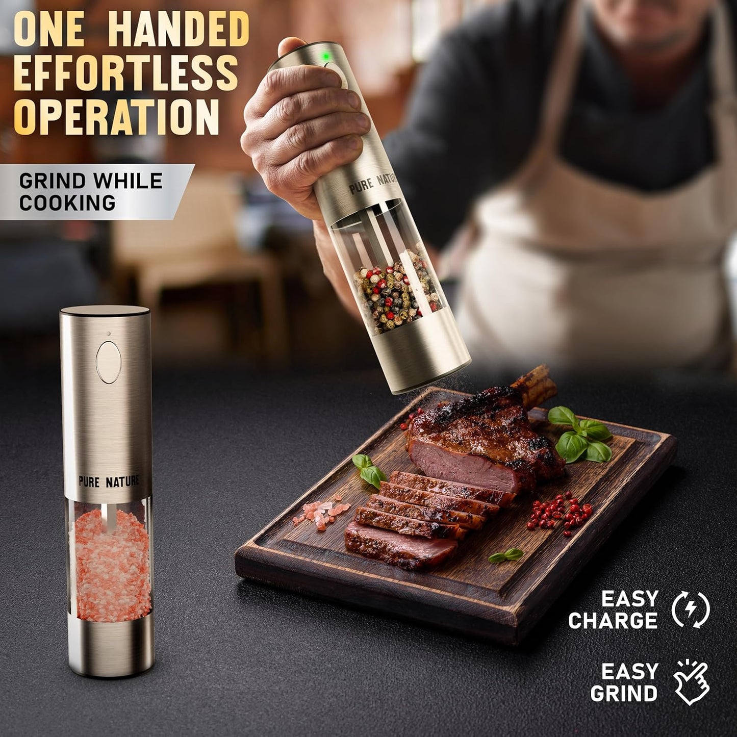 Pure Nature Salt and Pepper Grinder Set with rechargeable base. Premium Stainless Steel up-graded larger capacity with LED Lights, 5 Adjustable Coarseness, Refillable, Type-C Fast Charging.