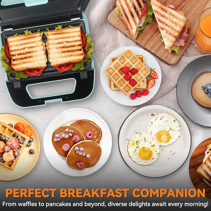 Baker’s Friend 3 in 1 Mini Waffle Maker with Removable Plates, Mini Pancake Maker, Grilled Cheese Maker, Breakfast Sandwich Maker Press, Mini Indoor Grill, Belgian Waffle Maker, Aqua