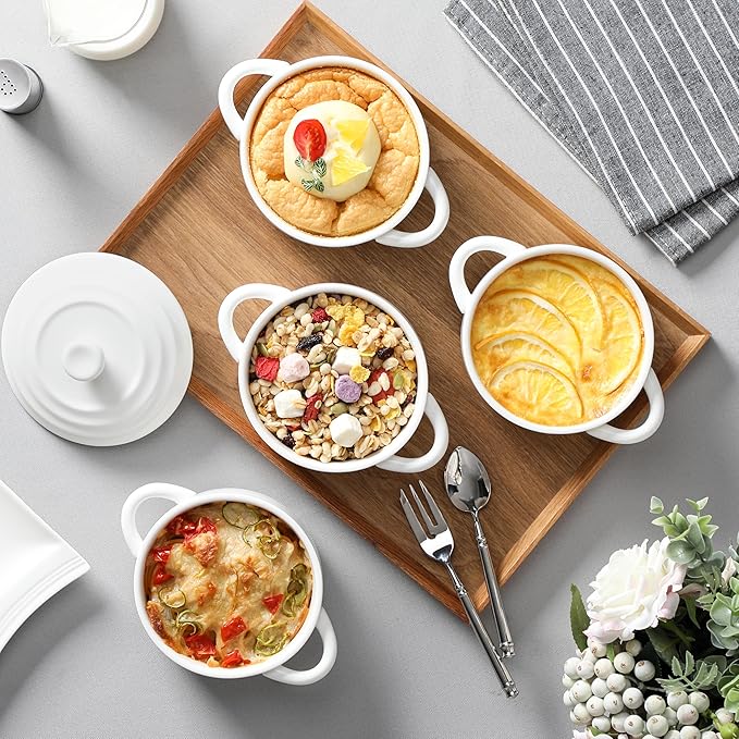 MALACASA Mini Cocotte Set - 14 OZ Small Casserole Dishes with Lids and Handles, Ceramic Mini Dutch Oven Set of 4, Small Baking Ramekins for Lasagna, Soufflé, Oven, Microwave & Dishwasher Safe, Series BAKE.BAKE
