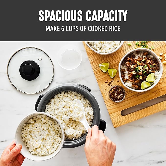 GreenLife Electric Rice Cooker, 3-Cups Uncooked/6-Cups Cooked, Removable PFAS-Free Nonstick Pot, One-Switch Design, Auto Keep Warm, Small Space Saving, Rice Paddle, Soup, Grains, Oatmeal, 1.5 QT, Black