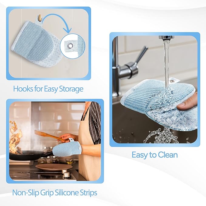 Casa Platino BBQ Gloves & Potholders Set, 4Pc Kitchen Mitts for Oven & Baking, Pot Holder for Hot Pots & Dishes – Heat Resistant Up to 500°F, Non-Slip & Machine Washable – Cornflower