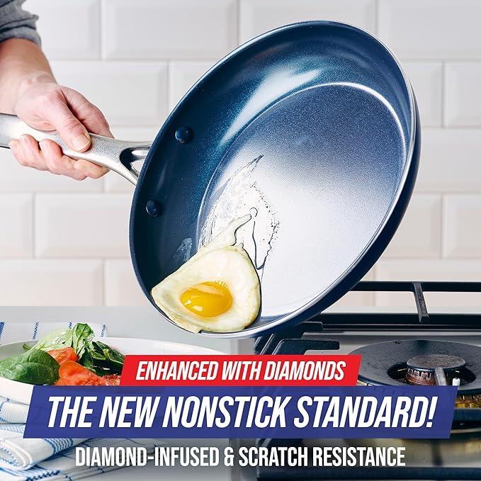 Blue Diamond 12" Nonstick Frying Pan with Lid, Diamond Infused PFAS & PTFE-Free Ceramic Skillet, Dishwasher & Oven Safe, Stay Cool Handle, Durable Non Toxic Metal Utensil Safe, Glass Lid, Blue