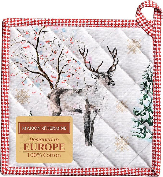 Maison d' Hermine Pot Holders 100% Cotton Heat Resistant Potholders 8" x 8" Hot Pads with Loop BBQ, Cooking, Baking, Grilling, Kitchen, Handling Hot Pans (Pack of 1, Rural Christmas)