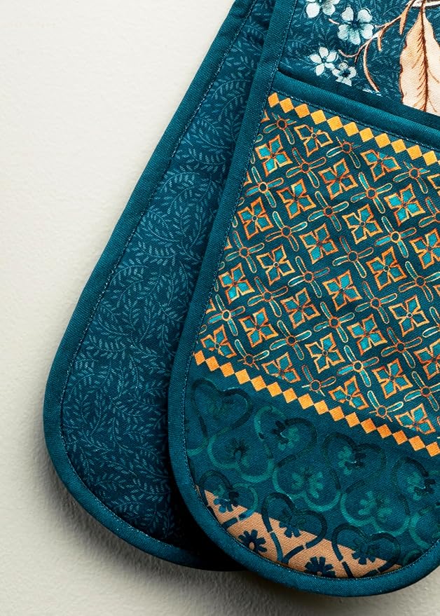 Maison d' Hermine Double Oven Mitts 100% Cotton 7"x35" Double Oven Mitt Heat Resistant BBQ Cooking Gloves with Loop, Baking, Grilling, Home, Kitchen, Handling Hot Pans (Luxury Loft-Dark Teal)