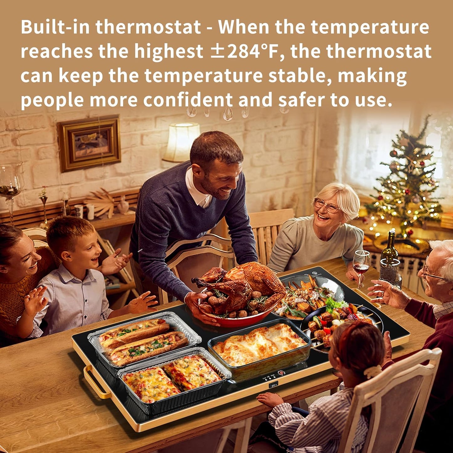 Warming Trays for Buffets Party (XXL 32"x18"),Warming Mat for Food with Thermostat & Full Surface Heating, Counter Temperature Adjustable Food Warming Mat with Gold Handles for GIfts,All Year Use