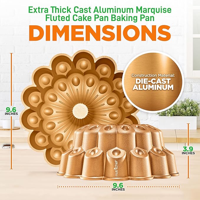 NutriChef 9 Inch Marquise Cake Pan, Thick & Heavy Cast Aluminum Bakeware Cake Mold for Cake with Fluted Easy-Release Edges for Uniform Browning & Baking, Nonstick Heat-Resistant Coating