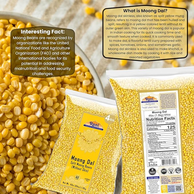 Rani Moong Dal (Split Mung Beans Without Skin) Lentils Indian 64oz (4lbs) 1.81kg Bulk ~ All Natural | Gluten Friendly | Non-GMO | Kosher | Vegan | Indian Origin