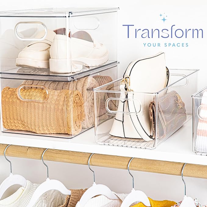 Plastic Food Storage 2 Pack Clear Container Bin with Handles for Organizing Kitchen, Pantry, Fridge, Freezer, Pantry, Bathroom. 14"x6"5"