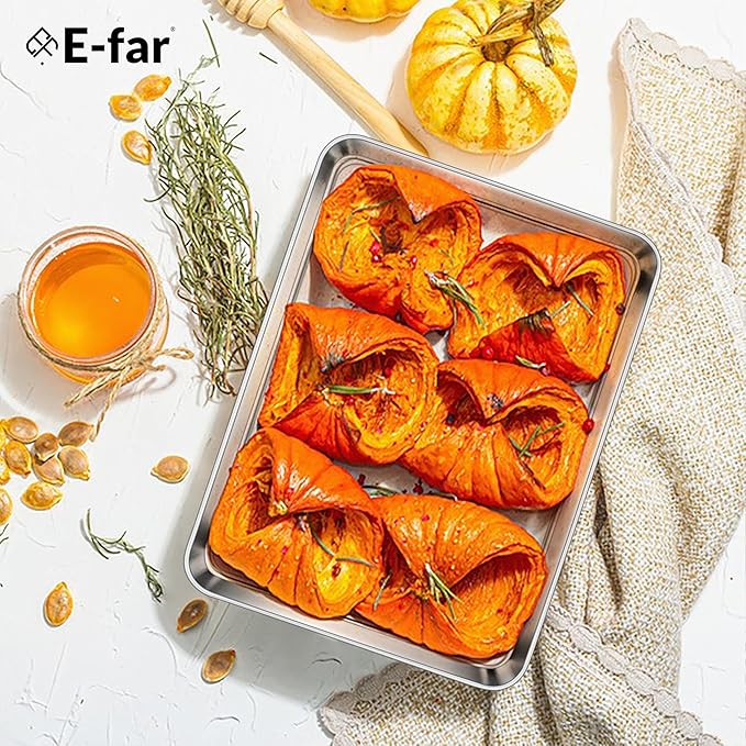E-far 4 Pack Toaster Oven Trays, 9.4”x7.3” Stainless Steel Small Baking Cookie Sheets, Mini Non-toxic Metal Baking Pans for Cake, Healthy & Rust Free, Mirror Finish & Dishwasher Safe