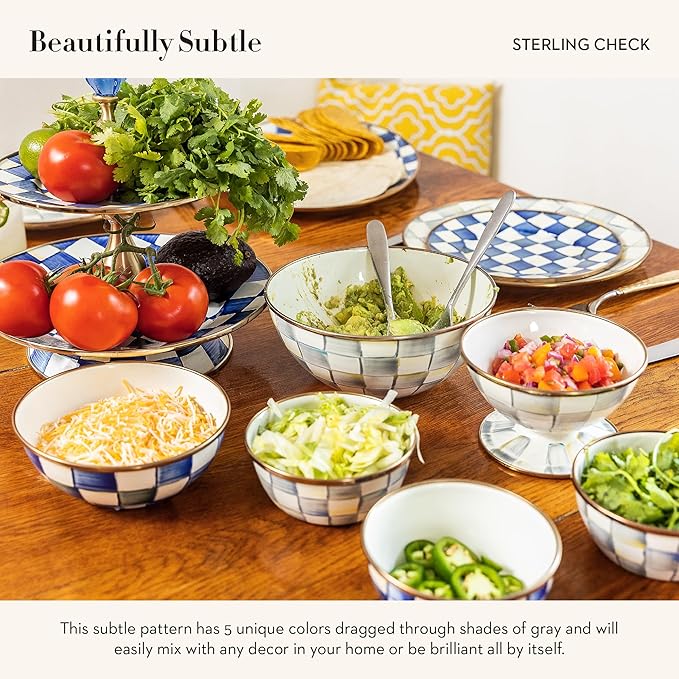 MACKENZIE-CHILDS Enamel Everyday Bowl, Serving Bowl for Entertaining, Small, Gray-and-White Sterling Check, Set of 1