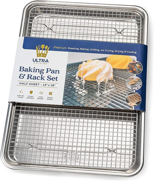 Ultra Cuisine Aluminum Baking Sheet with Stainless Steel Cooling Rack Set -Half Sheet Size Pan 13 x 18 inch, Durable Rimmed Sides, Easy Clean, Commercial Quality for Cooking and Roasting