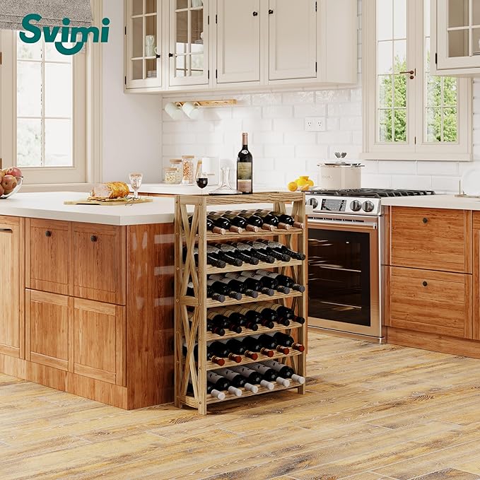 Solid Wood Wine Storage Racks - Stackable Wine Rack with Tabletop, Free Standing Floor Wooden Wine Rack, Premium Wine Storage Rack Display and Organizing for Kitchen and Cellar 6 Tier 36 Bottles
